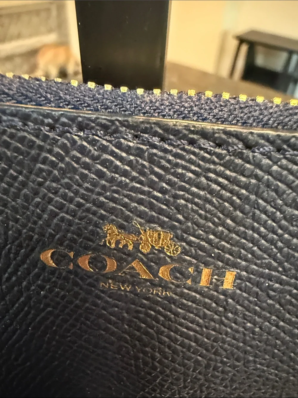 Coach Navy Textured Leather Wristlet with Gold Logo